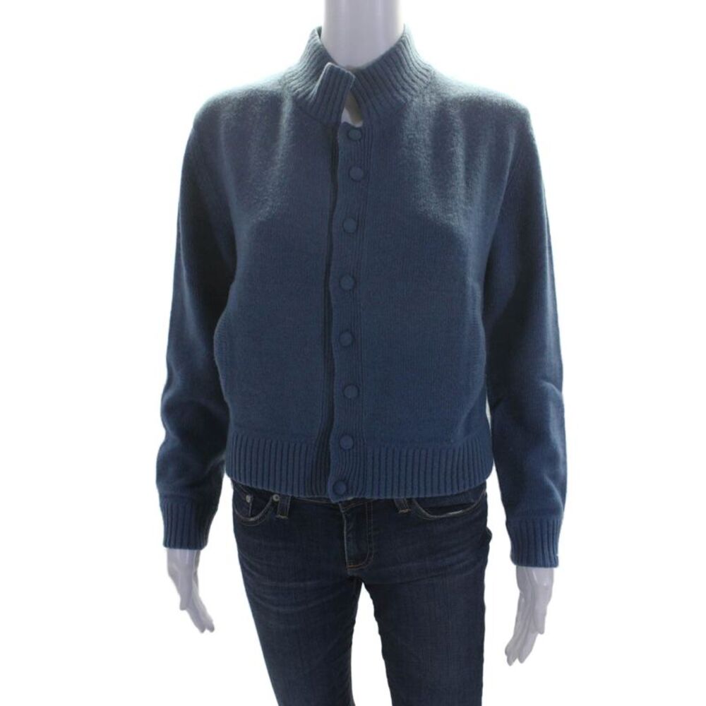 Carolyn Rowan Womens Blue Bedazzled Back Collar Button Front Sweater Top Size S
